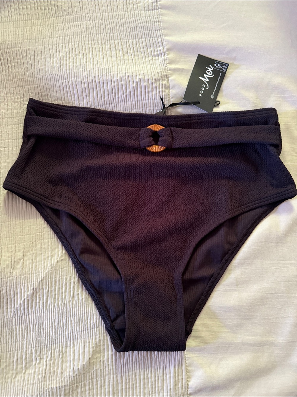 Pour Moi High Waist Black Swim Bikini Bottom with Decorative Ring
